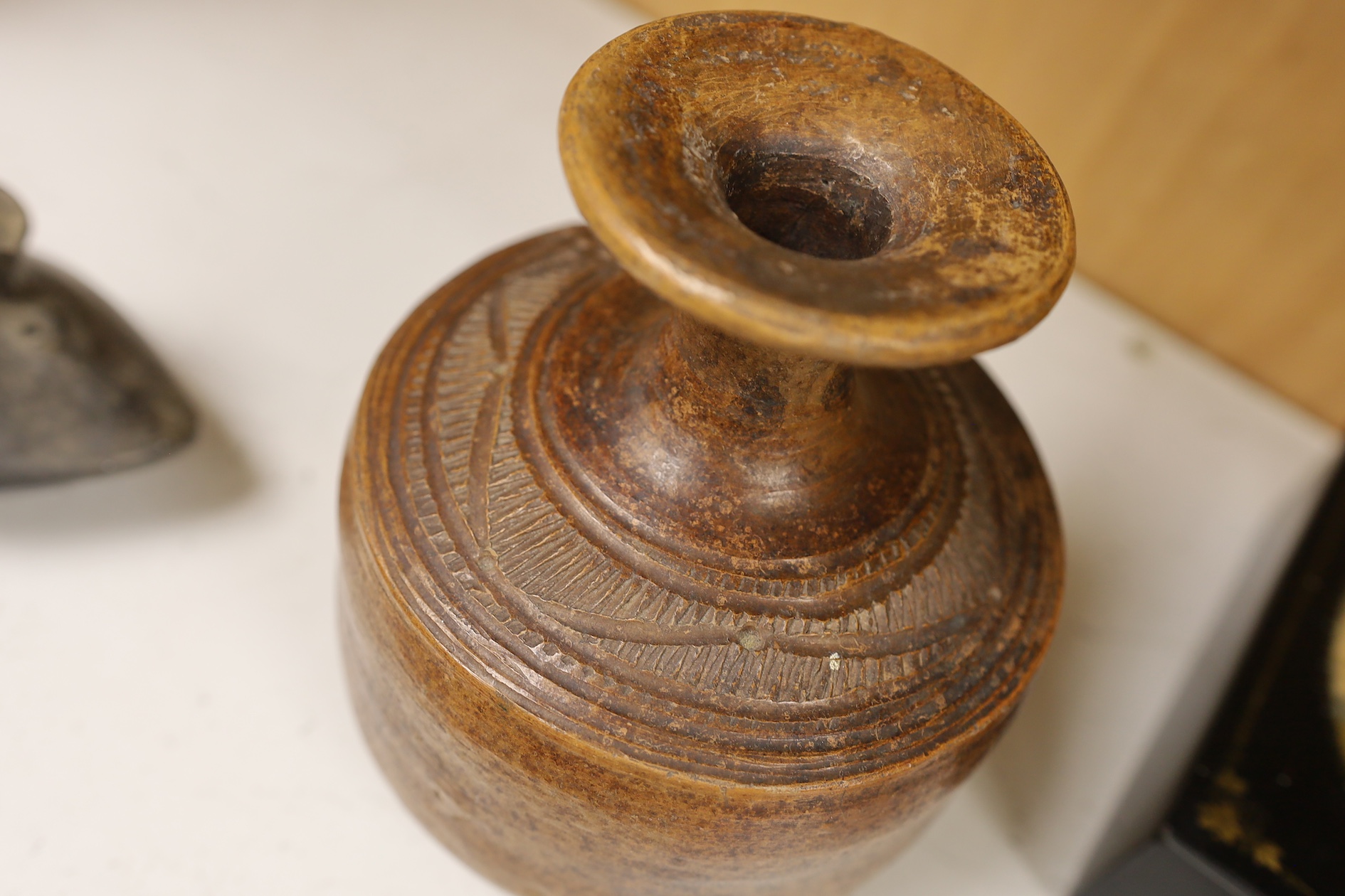 A black pottery bird vessel, probably pre-Columbian and a burnished terracotta jug, largest 15cm high. Condition - good for age